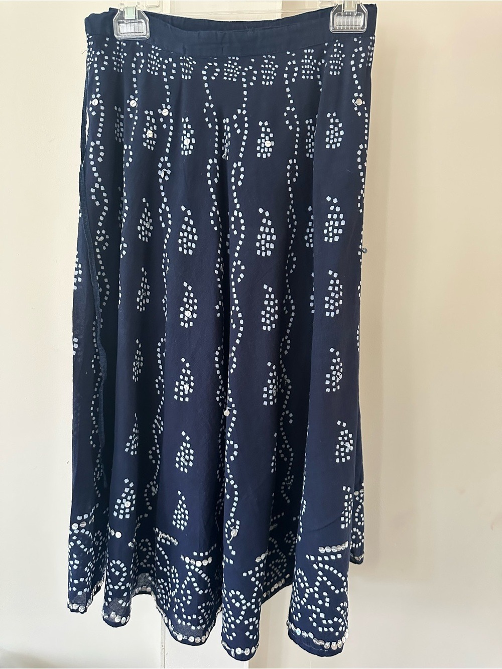 Lightweight Navy Cotton patterned  Midi Skirt w/sparsley placed sequins, Lined
